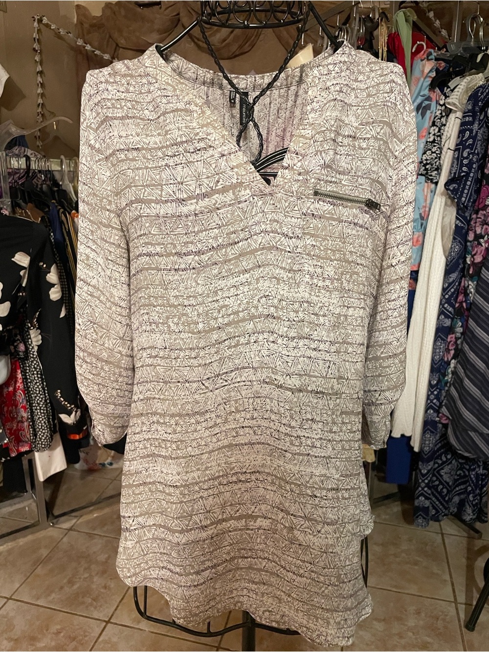 Maurices Cream Patterned V-Neck Blouse with Zip Pocket